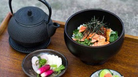 Salmon and rice with green tea and pickled vegetables (salmon ochazuke with asazuke)